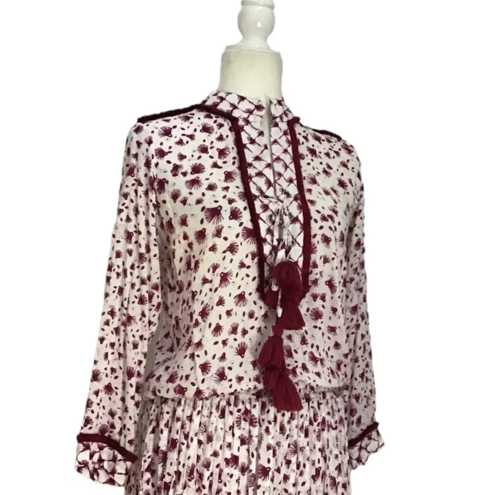 POUPETTE ST BARTH Donna Tunica Mini Dress in Rayon Georgette Print Purple Tassel - Picture 9 of 11